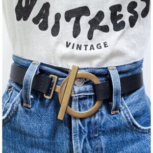 Vintage Talbots Brown Leather Antiqued Brass Toggle Buckle Loop Statement Belt